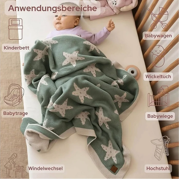 Babydecke Baby Strickdecke, Babydecke, Weich & Atmungsaktiv, 80x100cm Grü Sterne, Little Dedi – Bild 3