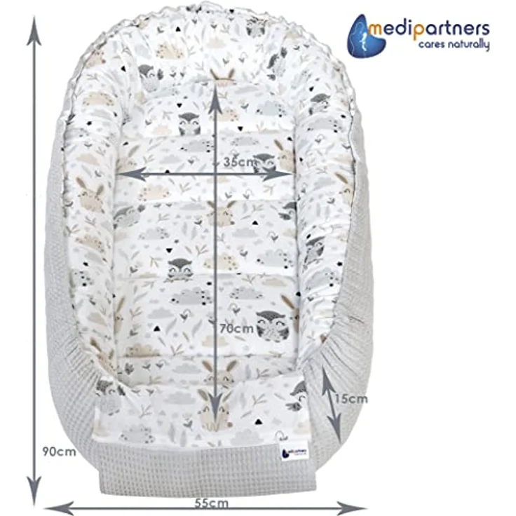 Medi Partners Babynest Kuschelnest Babynestchen 100% Baumwolle Waffle Nestchen Reisebett für Babys Säuglinge 100 x 60 x 15 cm Sicherer Verschluss (Lichtung mit Grauer Waffle) – Bild 5