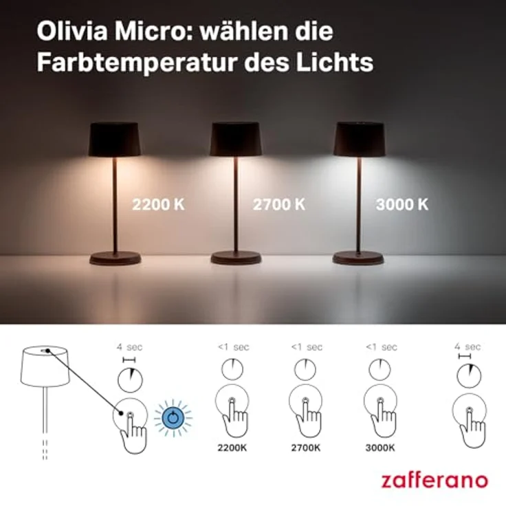Zafferano, Olivia Micro Lampe, Kabellose, Wiederaufladbare Tischlampe mit Touch Control, Auch für den Außenbereich Geeignet, Dimmer, 2200-3000 K, Höhe 20 cm, Farbe Sand – Bild 6