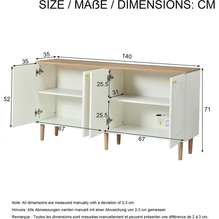 Sideboard 140 x 35 x 71 cm aus MDF und Spanplatte, 4 Türen mit 3D-Relief, Weiß und Holzton – Bild 4