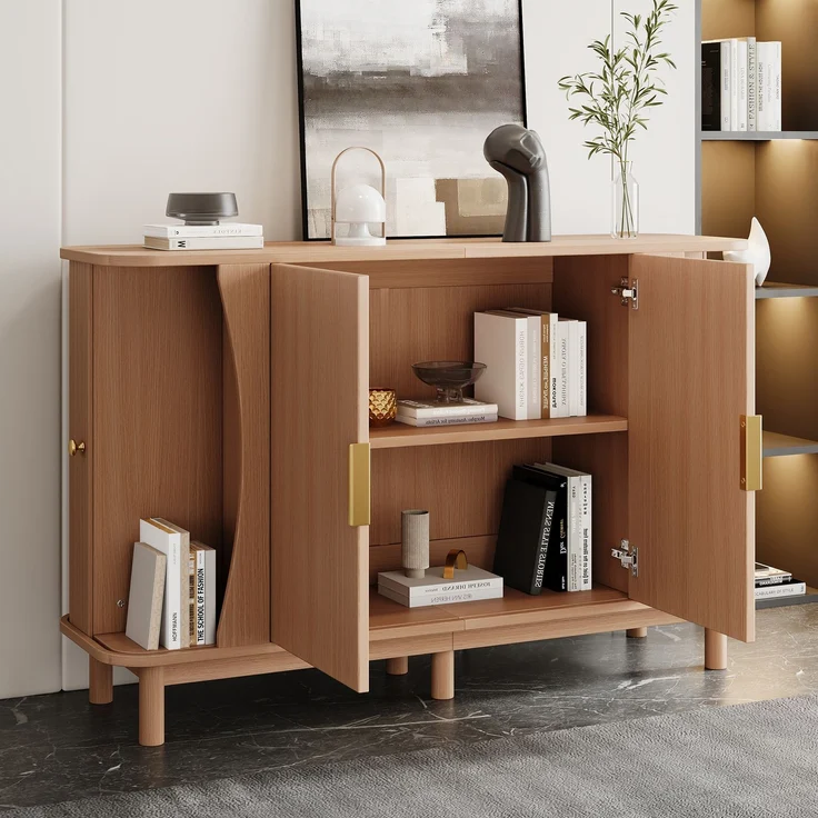 Merax Sideboard 140x40x88cm aus MDF, Kommode mit geschwungenen Kanten, 2 Schiebetüren, Stauraumschrank, Naturholz – Bild 7
