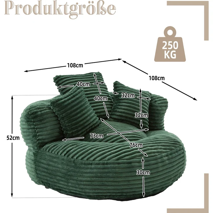ZUBALIYA Sofa 108x52 cm, mit Cordbezug, mit breiten Armlehnen, mit Schaumstoffpolsterung, für Wohnzimmer und Apartments, Grün – Bild 6