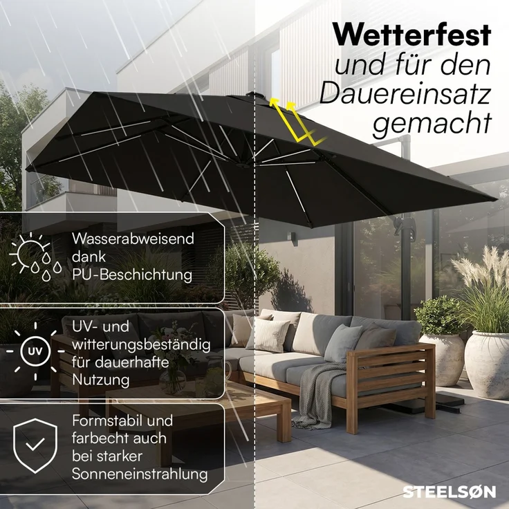 STEELSØN 'Elaris' Premium Sonnenschirm 300x300 cm quadratisch mit LED, neigbar und 360-Grad drehbar, schwarz, Ampelschirm inkl. Hülle, extrem robuste Metall-Stange, 220 g/m² Polyester, UV50+ – Bild 5