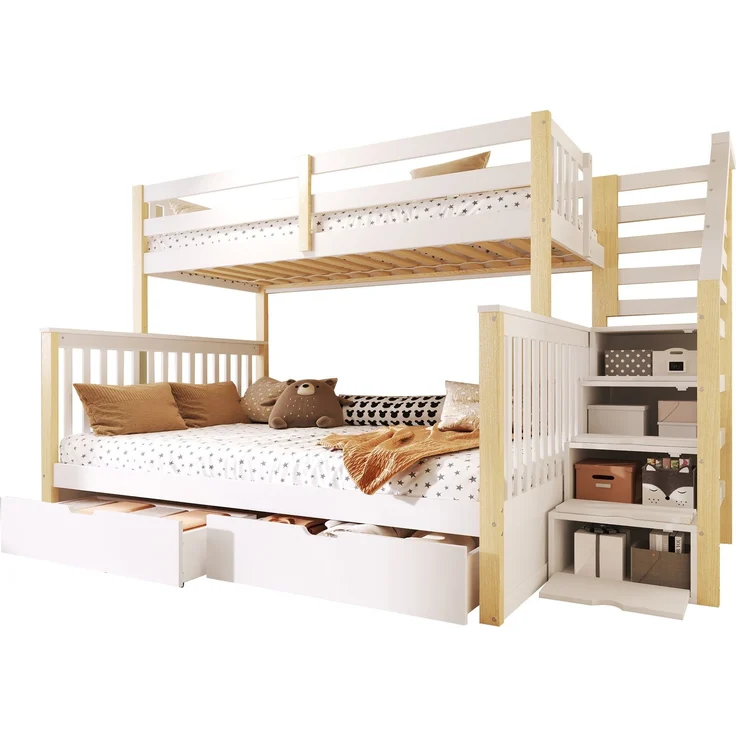 Merax Etagenbett, Hochbett, 90 x 200cm & 140 x 200cm mit Schubladen, Stauraum, ohne Matratze, multifunktional, Weiß+Natur – Bild 10
