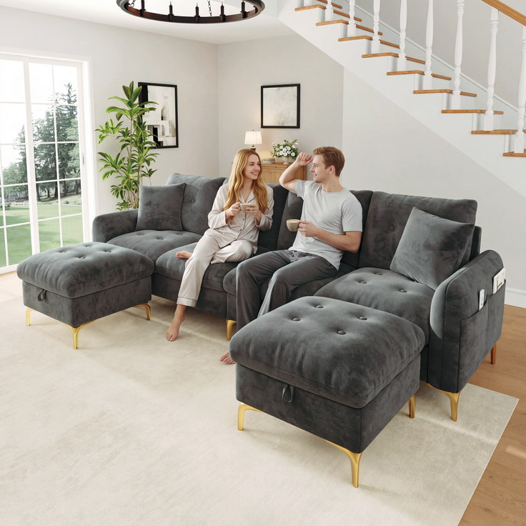 ZUBALIYA SchlafSofa mit Stauraum, mit Chenille - Bezug, mit Samtbezug, mit Knopfheftung, mit breiten Armlehnen, Grau