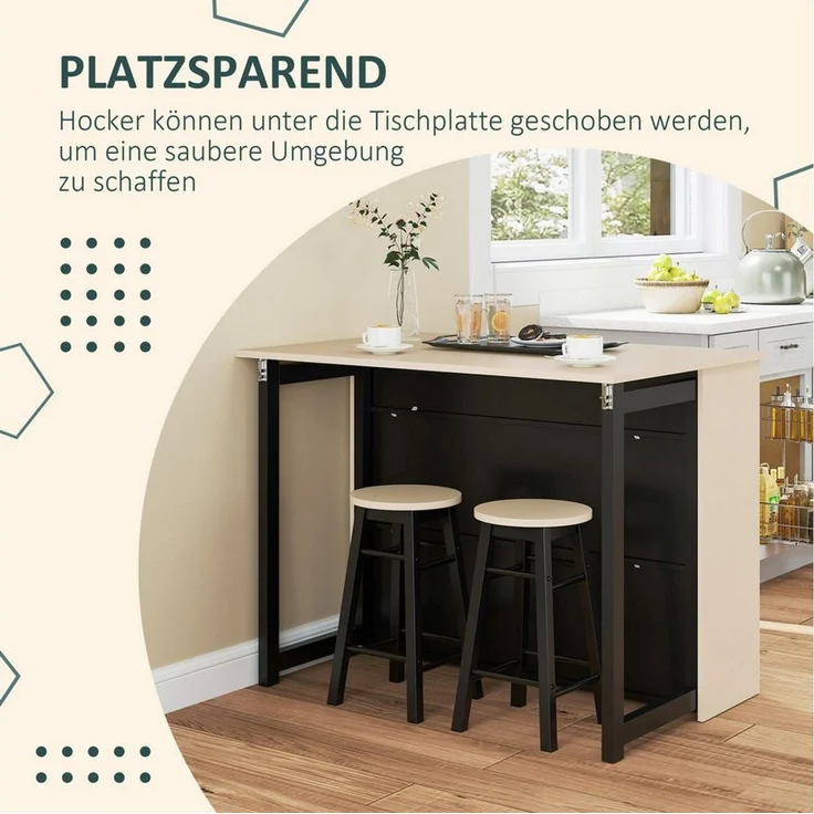 HOMCOM Bargruppe Bartisch mit Barhocker Set, Esstisch mit Klappbarer Tischplatte, (Küchentisch mit Schrank, Essgruppe für Esszimmer, Wohnzimmer) – Bild 4