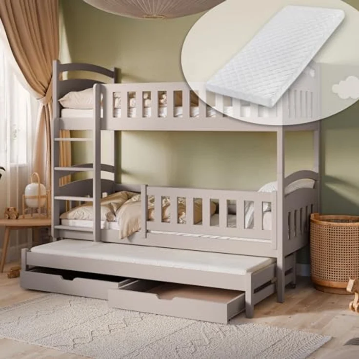 Kids Collective Etagenbett Hochbett Stockbett Kinderbett 90x200 cm mit Ausziehbett und Schubladen (mit drei Matratzen inklusive), Umbaubar zu 3 Einzelbetten mit Lattenrosten & Rausfallschutz, Kaschmir – Bild 2