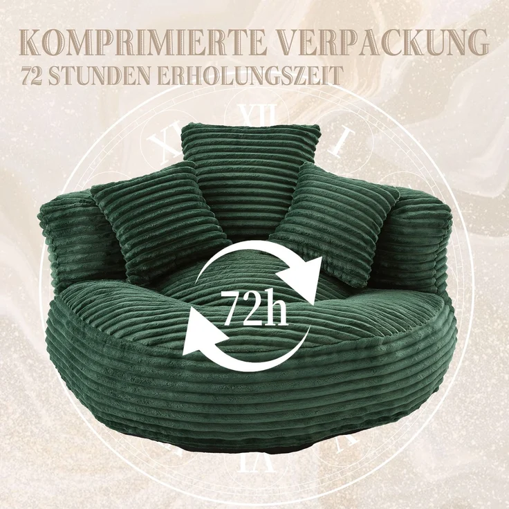 EINHOM Cord-Sitzsack – ein strapazierfähiger und bequemer Liegesessel. Sitzsack mit hoher Rückenlehne, ausgestattet mit drei Kissen, geeignet für Erwachsene und Kinder (dunkelgrüner Cord) – Bild 3