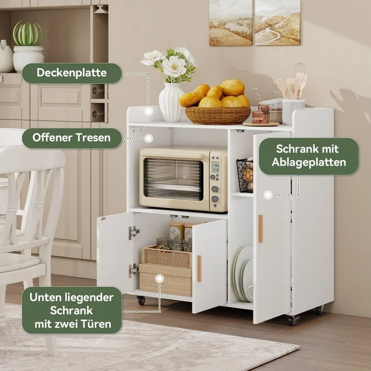 Puluomis Küchenwagen Servierwagen Buffet mit Mikrowellenablage, Rollen mit Bremsen 90x40x97, Küchentrolley Küchekommode Küchenschrank Sideboard – Bild 4