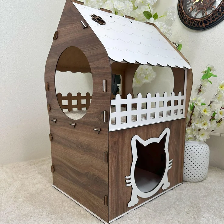 Jungengel Tierhaus Zweistöckiges Katzenhaus aus MDF – Braun & Weiß – in XL, XXL, 3XL, Werkzeugloser Aufbau, Zweistöckig, Balkon mit Rundfenster – Bild 4