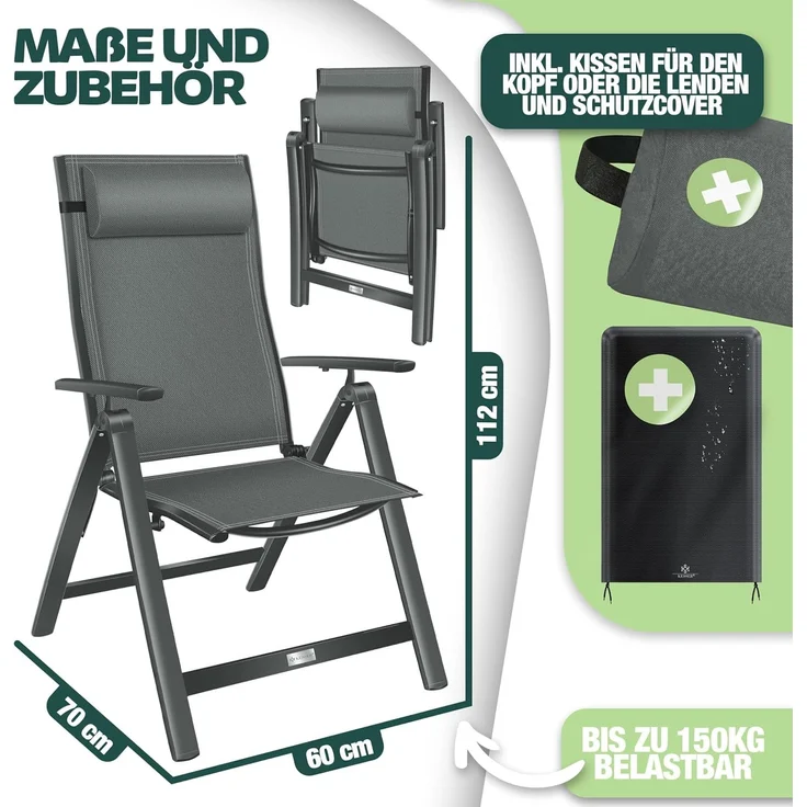 KESSER® Gartenstuhl Hochlehner mit Armlehnen | Aluminium Klappstuhl inkl. Kopfkissen Campingstuhl 7-Fach Verstellbar Rückenlehne | Atmungsaktiv & Wetterfest | Klappbar & Anti-Rutsch Anthrazit, 2 Stück – Bild 3
