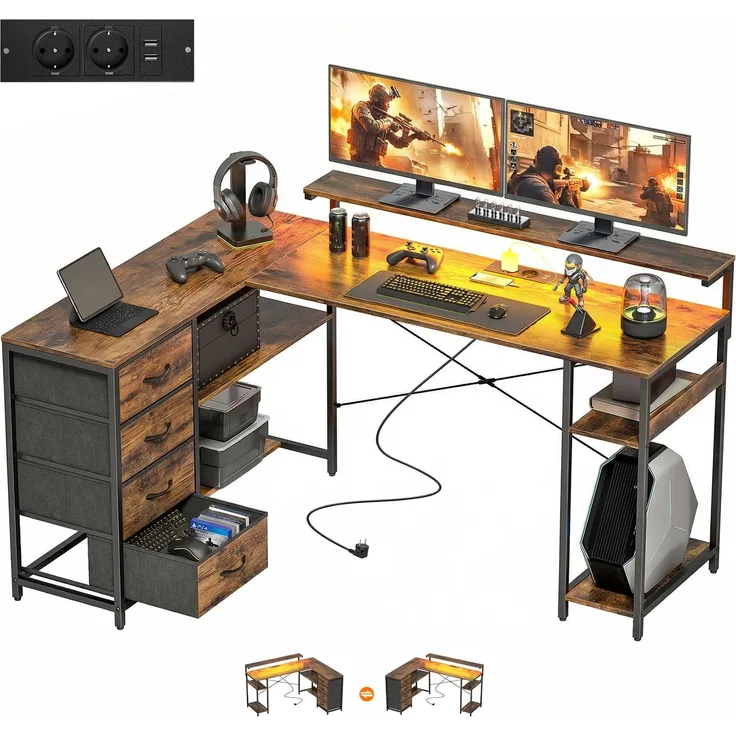 MELAYR, Gaming Tisch L-förmig Schreibtisch mit Stromanschluss LED-Beleuchtung 4, 155 x 110 x 91.4 cm, Rustikal-Braun