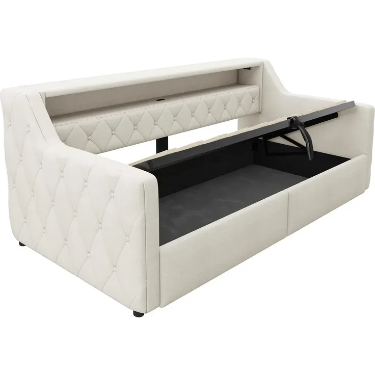 Schlafsofa mit LED-Beleuchtung und Aufbewahrung, Polsterbett mit Lattenrost, 90x200 cm, Einzelbett, Jugendbett, Leinen – Bild 7