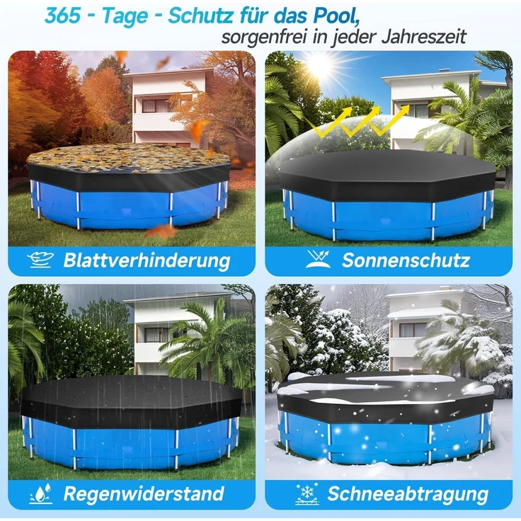 Sekey Poolabdeckung Rund 305 cm – Passend für Runde Stahlrahmenbecken | Verstellbare Schnallen & Klettverschlüssen | Wind- & Staubdicht | Reißfestes Hochdichtes Abdeckplane | Schwarz – Bild 7