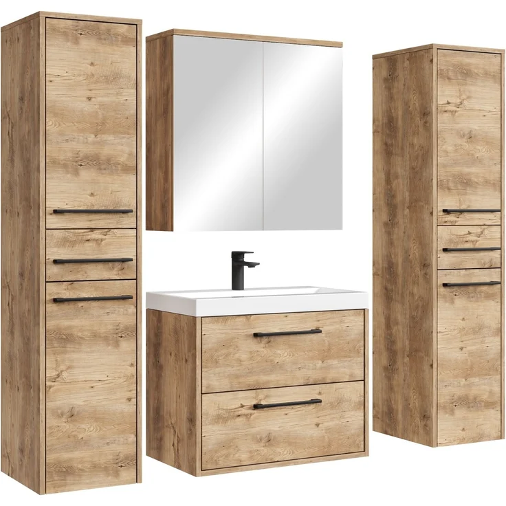 Badplaats Badmöbel Komplettset Florence XL 60 x 35 cm Kastanien Eiche - Badezimmermöbel mit Waschbecken, Spiegelschrank und 2 Hochschränke – Bild 1