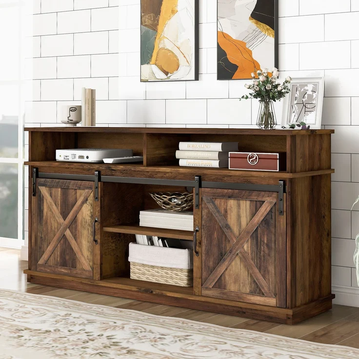 TV-Schrank 148 x 40 x 78 cm für Fernseher bis 65 Zoll, Rustikales Design mit Schiebetüren, 8 Ablagefächern, 2 höhenverstellbaren Regalen – Bild 3