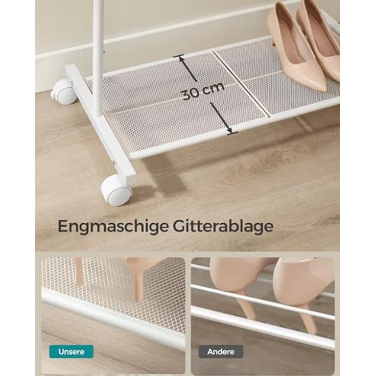 Songmics Kleiderständer, Kleiderstange auf Rollen, Garderobenständer 74 cm breit, Rollgarderobe mit Gitterablage, bis 35 kg belastbar, 2 Rollen arretierbar, Stahlrahmen, weiß HSR130W01 – Bild 5