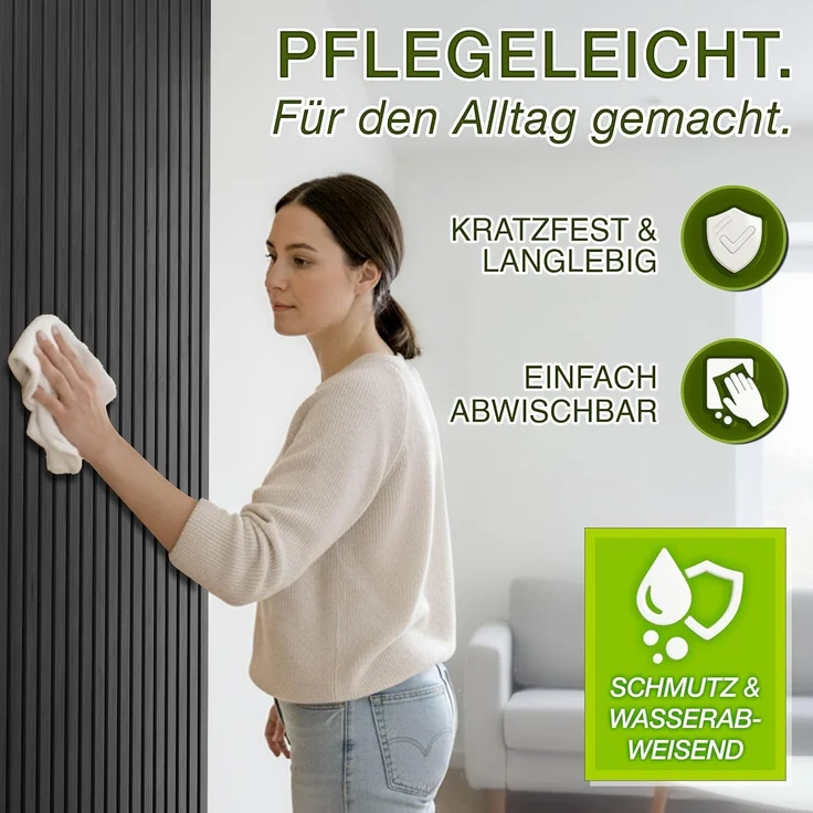 TRESKO® 2 Stück Akustikpaneele Holz 120×60 cm inkl. 4x Kleiderhaken | Wandverkleidung Eiche Anthrazit als 3D Lamellenwand | Holzpaneele Paneele für Schallschutz | Akustik Wandpaneele mit Montageset – Bild 7