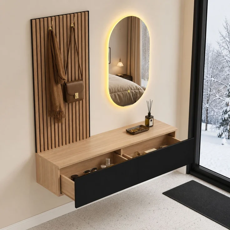 Flurgarderobe 140x38x150 cm mit LED-Spiegel, 2 Schubladen und Haken – Bild 3