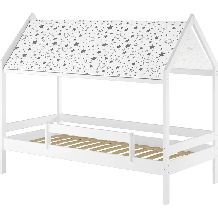 Weißes Himmelbett Kinderbett Hausbett 90x200 Massivholz Einzelbett V-60. 58-09W Rollrost inkl.