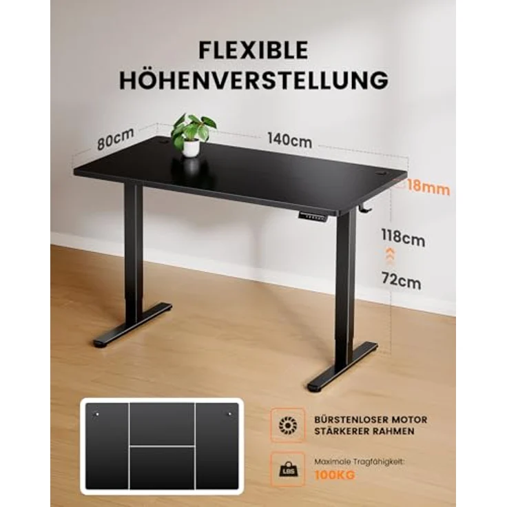ErGear Höhenverstellbarer Schreibtisch-140x80 cm,100 KG Tragkraft Elektrischer Schreibtisch mit Fortgeschrittenem Bürstenlosem Motor, Leise Funktion, Robuster Metallrahmen, Vierteilige Tischplatte – Bild 3