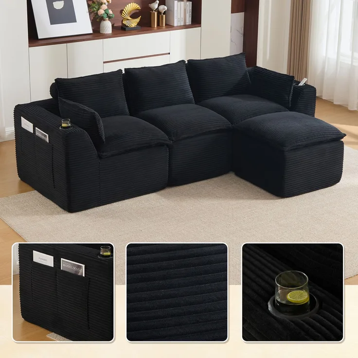 EINHOM Modulares 3-Sitzer-Sofa + Fußhocker, inklusive Kissen, Getränkehalter und 2 Seitentaschen. Mit einer Füllung aus Schaumstoff und Federkern. Ideal für Wohnzimmer und ähnliche Räume(schwarzer Cordstoff)