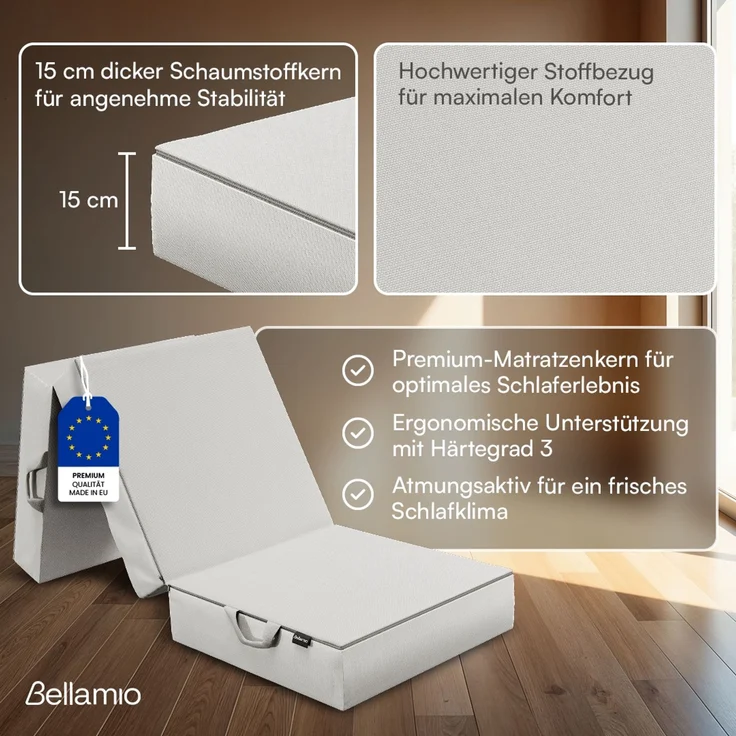 Bellamio 'Lomme' Klappmatratze 90x200 cm, 3-fach faltbar, Höhe 15 cm, Härtegrad H3, Gästematratze mit Tragegriffen, hellgrau, abnehmbarer Bezug – Bild 2
