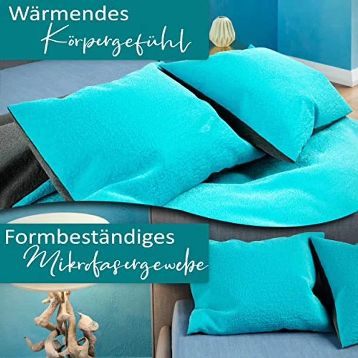 Moderne Plüschbettwäsche mit Reißverschluss - einfarbig, wendbar & warmhaltend Petrol 155x200cm + 80x80cm Kissenbezug – Bild 6