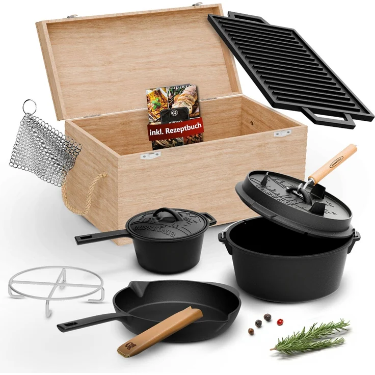 Gusseisen Set 10-teilig in Holzbox – Dutch Oven 4,5 l, Pfanne Ø 26 cm, Grillplatte, Zubehör & Rezeptbuch, ideal für Grill & Outdoor – Bild 2