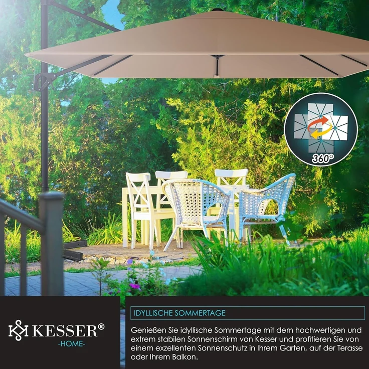 KESSER® Sonnenschirm Ampelschirm Sun XL 300x300 cm Inkl. Abdeckung +Windsicherung Drehbar Neigbar Kippbar Marktschirm Groß 360° Rotation, Gartenschirm mit Kurbel Sonnenschutz UV50+, Taupe – Bild 3
