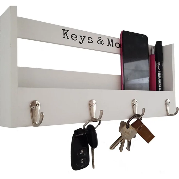 LB H&F Schlüsselbrett Holz mit Ablage Schlüsselkasten Vintage Schlüsselschrank und 4 Schlüsselhaken für Briefe, Stifte, Handy Schlüsselleiste Schlüsselboard Weiß