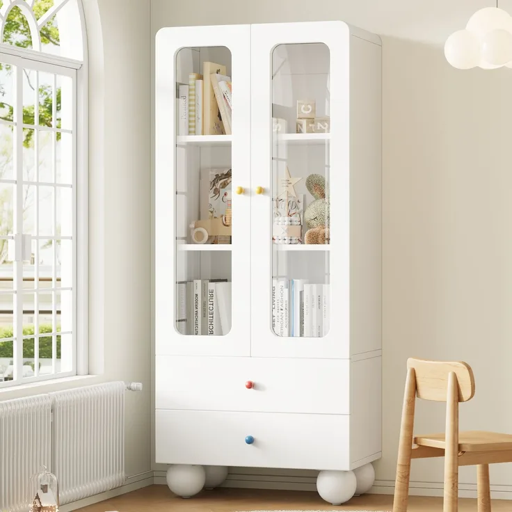 ZUBALIYA Glasvitrine, Kinder-Aufbewahrungsschrank, Bücherregal mit Schubladen, Büroschrank, Figurenvitrine, Bunte Keramikgriffe, Kugelförmige Schrankfüße,, Multifunktionsschrank, Weiß, 60 x 35 x 140 cm