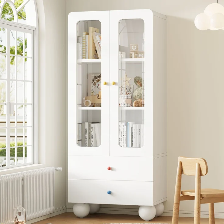 ZUBALIYA Glasvitrine, Kinder-Aufbewahrungsschrank, Bücherregal mit Schubladen, Büroschrank, Figurenvitrine, Bunte Keramikgriffe, Kugelförmige Schrankfüße,, Multifunktionsschrank, Weiß, 60 x 35 x 140 cm – Bild 1