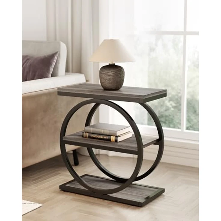 LITTLE TREE Beistelltisch, 3-stöckiger Beistelltische, schmaler Sofa-Beistelltisch für Wohnzimmer, hoher Nachttisch, Nachttisch für Schlafzimmer, Grau und Schwarz – Bild 2