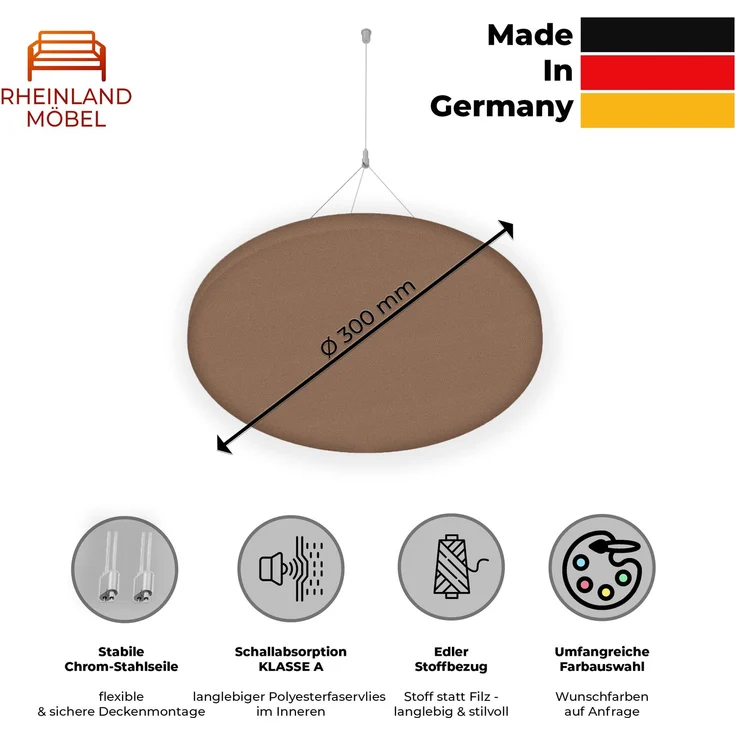 Rheinland Möbel FocusWall DAR03 – Runder Akustik-Deckenabsorber Ø 30 cm in Stofffarbe Sandstorm inkl. Chrom-Stahlseilen - Made in Germany - Klasse A, Stoffbezug, schwer entflammbar – Bild 2