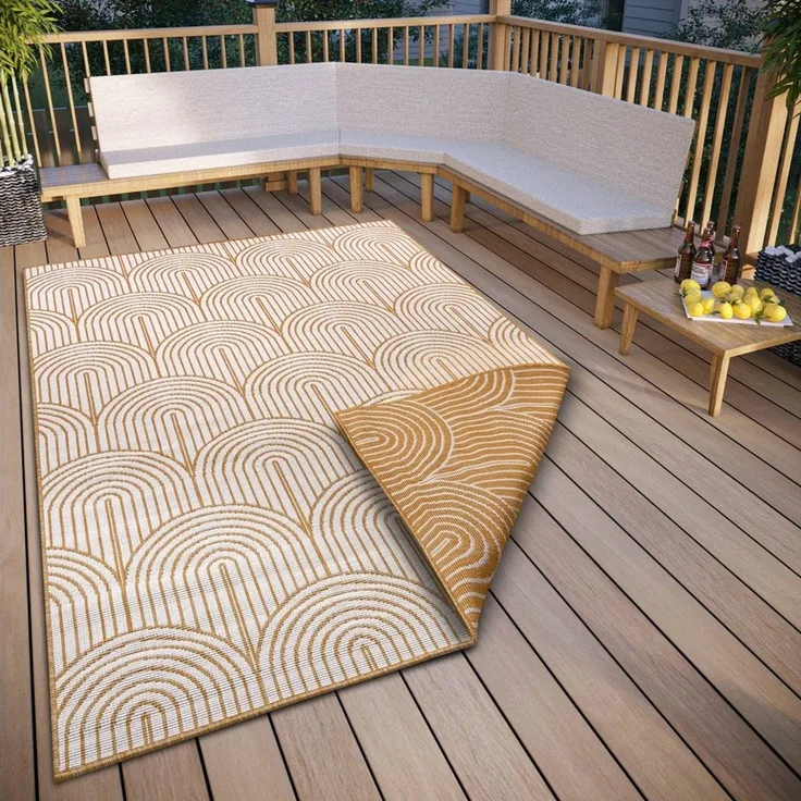 Hanse Home Pangli Outdoor Teppich Wetterfest – Wendeteppich Skandinavischer Boho Style Wasserfest Einfarbig Geometrisch 3D-Effekt für Garten, Balkon, Terrasse, Wohnzimmer – Ocker, 160x230 cm