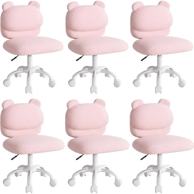 Marsail Schminktisch Stuhl, Schreibtischstuhl aus Teddyfleece, Rosa | Armlehnenlos, Bären-Rückenlehne, breitere Sitzfläche, leichtgängige Rollen, höhenverstellbar, für Schlaf & Arbeitszimmer,6pcs