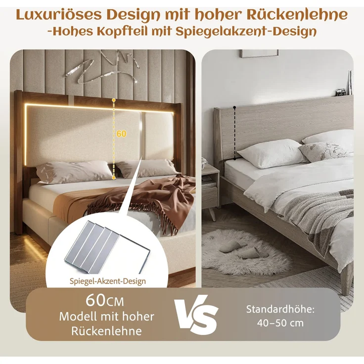 140x190 Doppelbett Polsterbett mit Lattenrost, LED & Bettkasten, Hydraulik, Leinen Beige & Walnuss, ohne Matratze – Bild 4