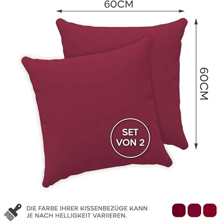 Twinzen® Kissenbezug 60x60 (2er-Set) - 100% Jersey Baumwolle 150 GSM Kissenbezüge - Burgunderrot - Für Kissenbezüge 60x60 cm - Kissenhülle - Kissenbezug mit Reißverschluss - Oeko-Tex Zertifiziert – Bild 3