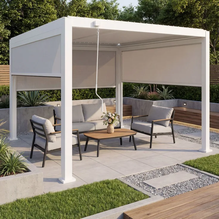 Pergola HWC-P65 mit 3x Seitenwand, Rollo Terrassenüberdachung Garten Lamellenpavillon, 10cm-Alu-Gestell 3x3m ~ weiß
