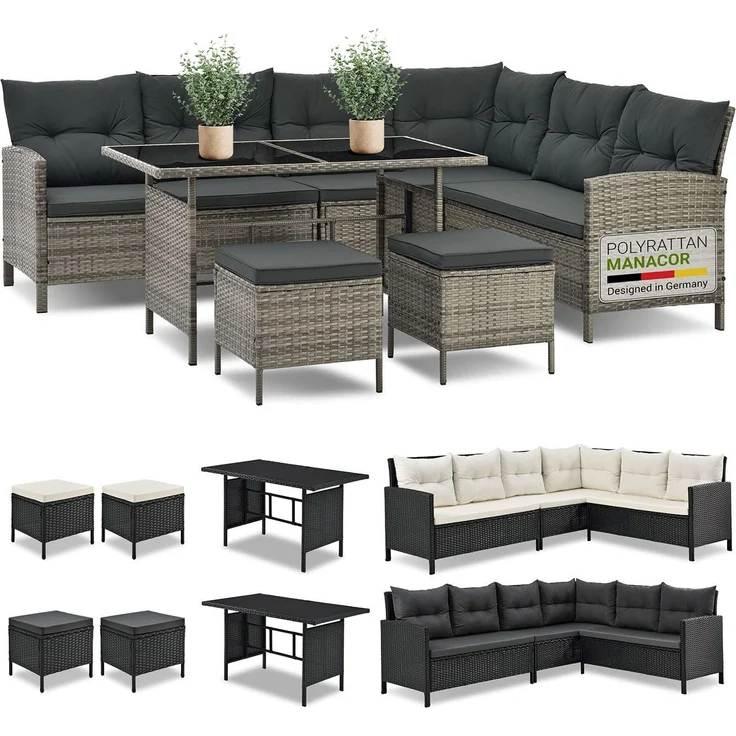 Juskys 'Manacor' Lounge mit Sofa, Tisch, 2 Hocker & Kissen, Polyrattan grau-meliert, 7 Personen – Bild 1