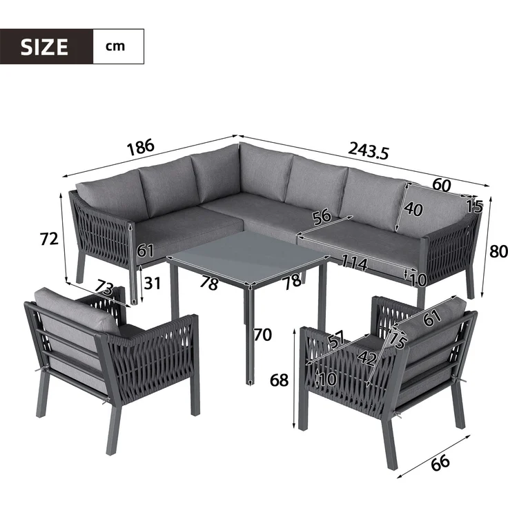 Merax Gartenmöbel-Set für 8 Personen, Gartenlounge-Set, bestehend aus einem Esstisch, zwei Sesseln und einem Ecksofa, Grau – Bild 4
