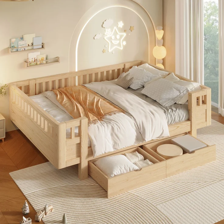 Merax Hochbett 140x200 Kinderbett, mit hohem Schutzgitter & zwei großen Schubladen, Holzfarbe – Bild 1