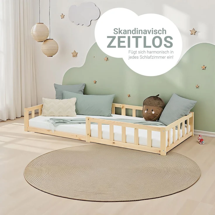 Kinderbett 90x200 Bodenbett mit Rausfallschutz Montessori Bett Kleinkindbett Holz Kiefer Natur Massiv Einzelbett Lattenrost Bettgestell – Bild 9