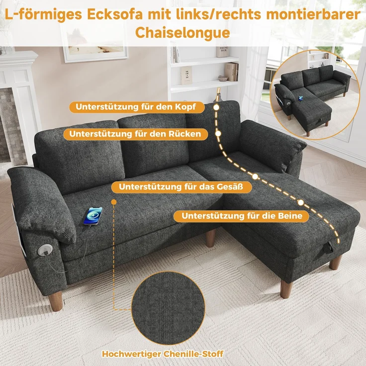 Merax L-förmiges Ecksofa, 3-Sitzer Sofa mit Stauraum-Chaiselongue, links/rechts montierbar, USB/Type-C-Ladeanschluss, Seitentasche, 2 halbfeste Armlehnenkissen, Chenille Stoff, Grau – Bild 7