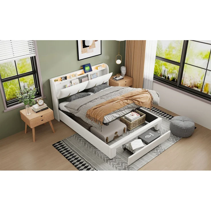 Pressure bed with storage function, light strip and USB charging port, double bed 160 * 200cm beige velvet European standard charger – Bild 7