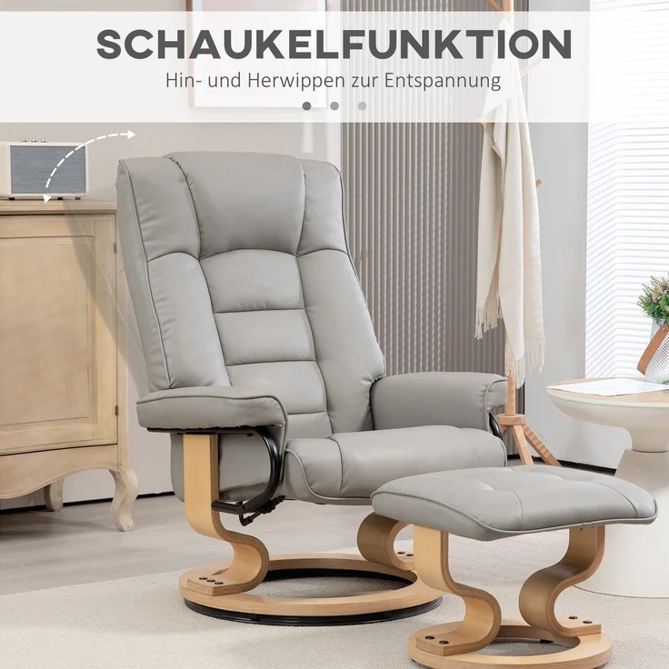 HOMCOM Relaxsessel mit Hocker, Kunstleder, Holz, Grau, 76L x 85B x 104H cm – Bild 6