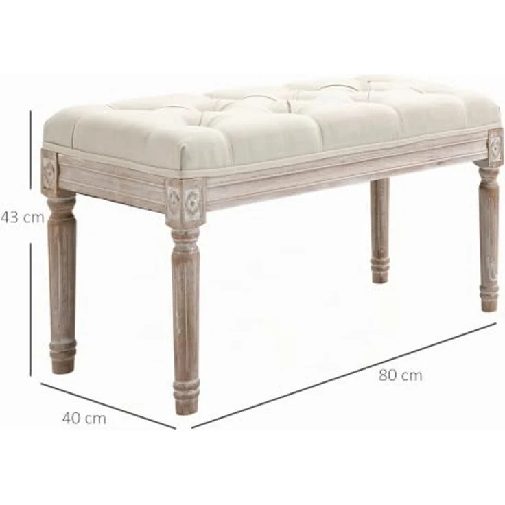 HOMCOM Fußhocker mit Leinenoptik, gepolstertem Sitz, Holzbein (Sitzhocker, 1 St, Polsterhocker), für Wohnzimmer, Schlafzimmer, Cremeweß – Bild 3