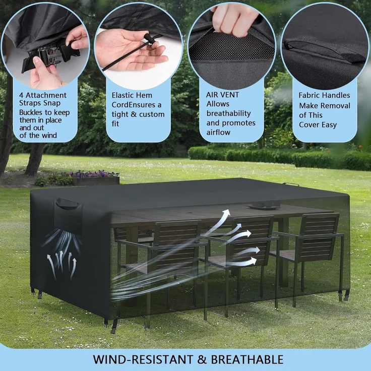 WUAYAMI Gartenmöbel Abdeckung wasserdichte Abdeckplane Gartenmöbel Winddicht Anti-UV Schwerlast 420D -Oxford Gewebe für Sitzgruppe Gartentische Terrassenmöbel Schwarz, 170 x 94 x 71 – Bild 5