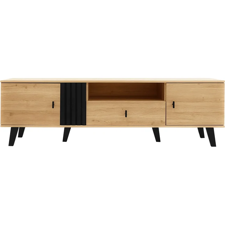 TV-Lowboard aus Spanplatte mit Glas, 2 Türen & Schublade, 170x40x50,5 cm, Natur/Schwarz – Bild 8